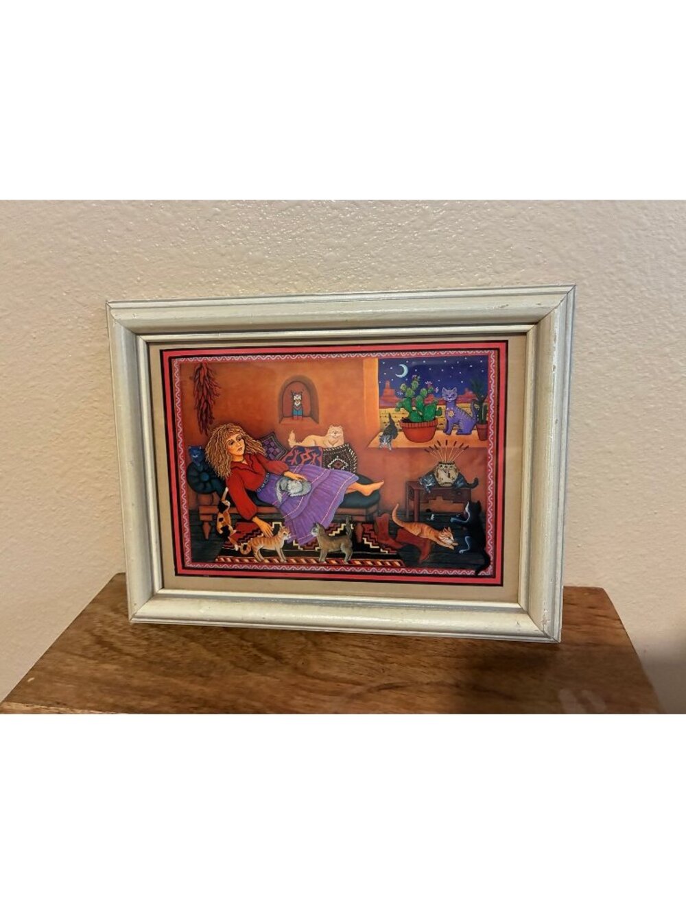 Vintage Cat Lady Framed Art Print of Woman and Cats on Sofa